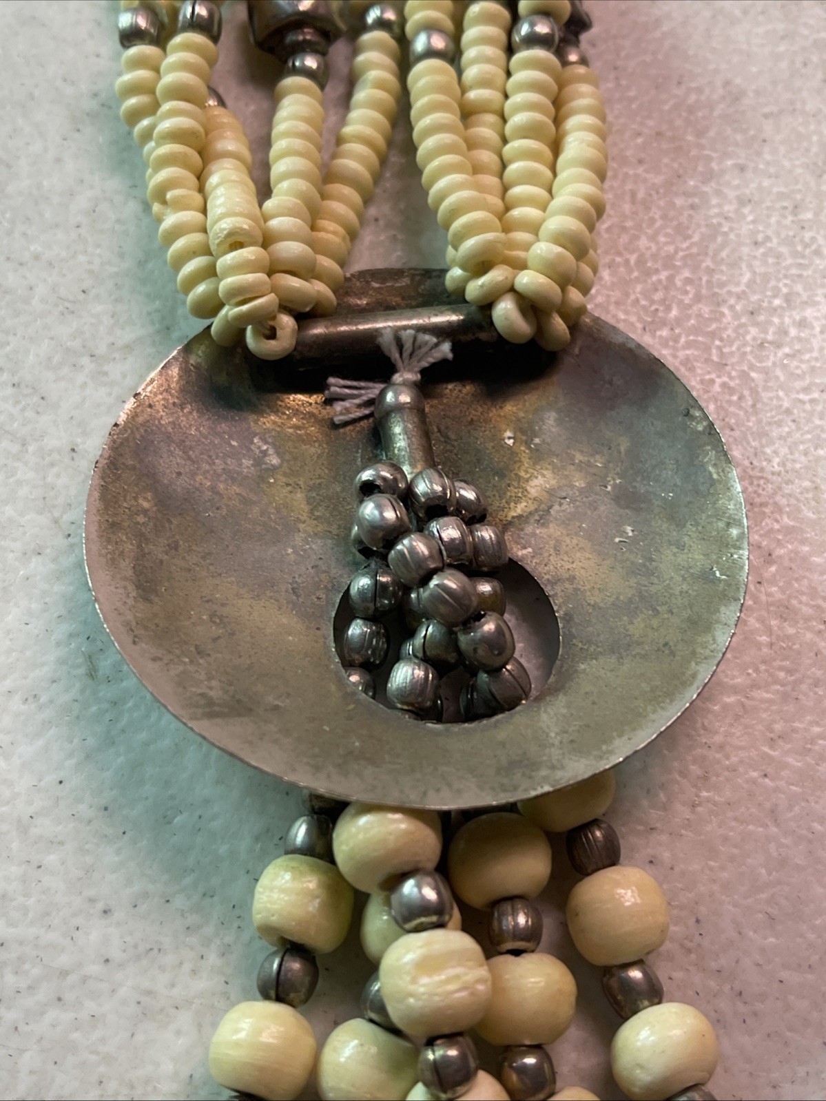 Multi Strand Cream/Silver Bead 19.5” Necklace Round Disk Native American Looking