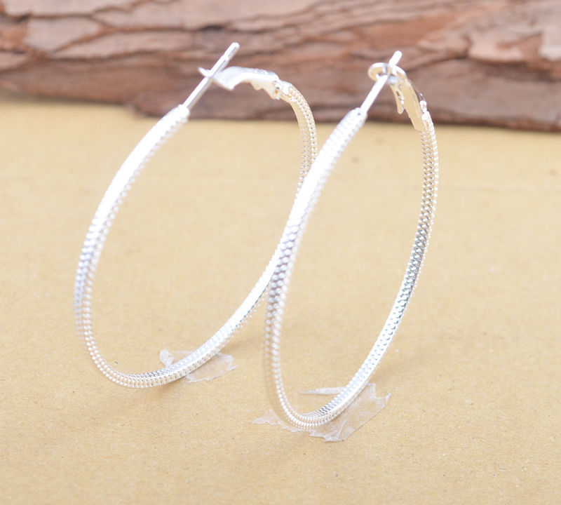 Cute New Silver Plated Nicely Textured Round 2″ Hoop Earrings w/Omega Backs