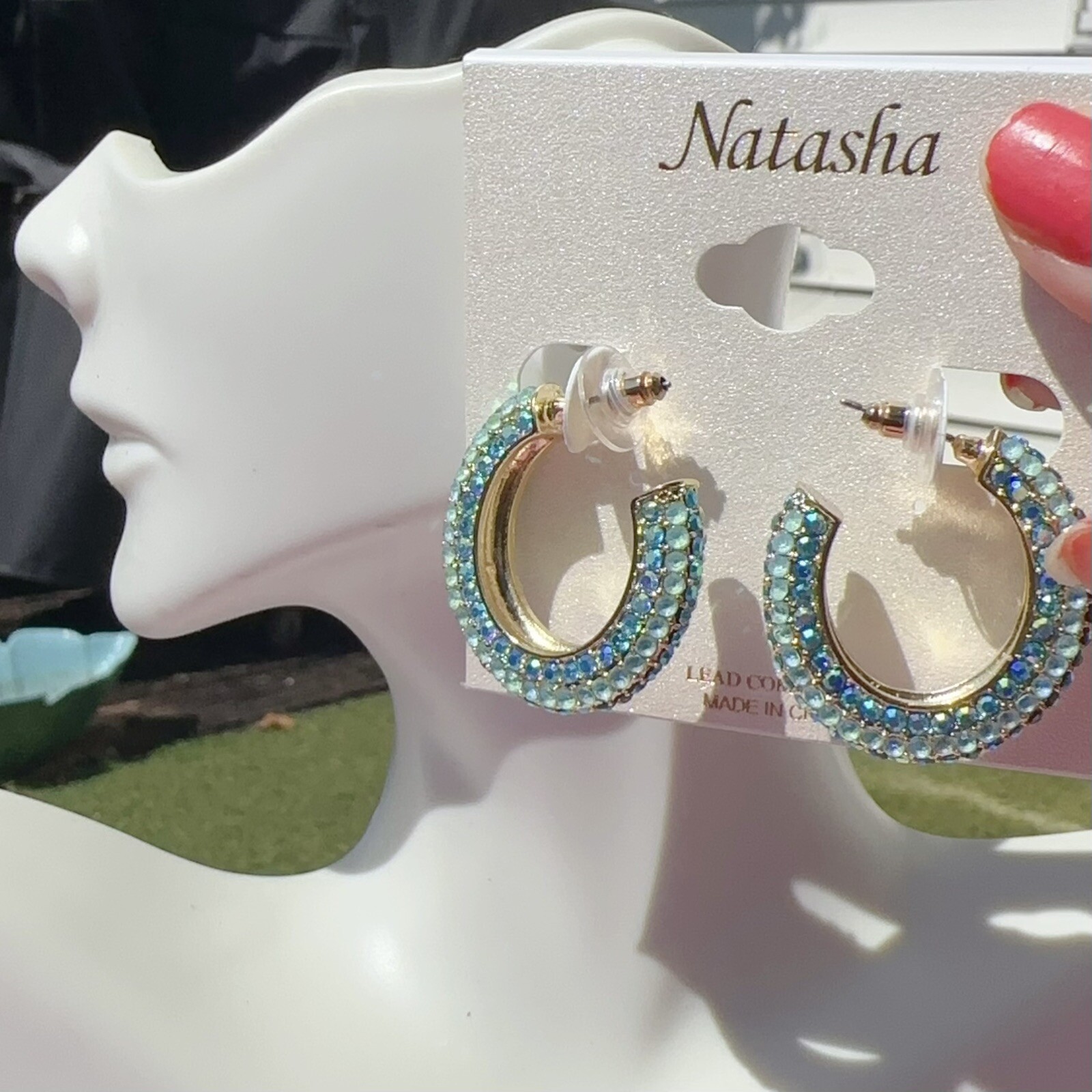 Natasha gold tone Water Blue diamonds paved open loop circle earrings
