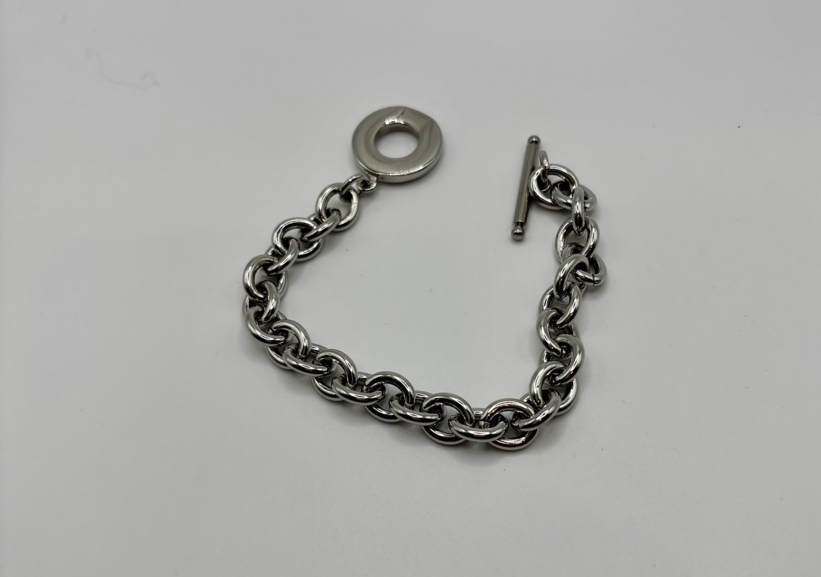 Rolo Curb Link Chain Bracelet with Toggle Clasp Silver Plated Vintage Stock 7.5″