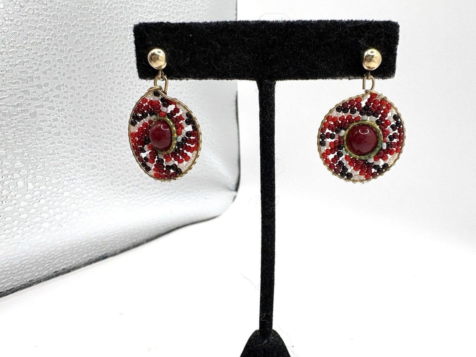 Hand Beaded Red White & Black Beaded Dangle Pierced Stud Earrings Gold Tone