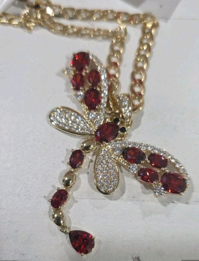 14k Gold Plated 20″ Cuban Link Chain Necklace w/ Dragonfly Red Crystal Pendant