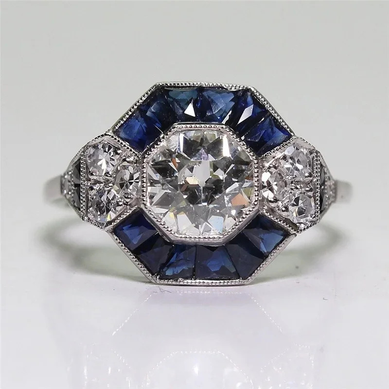 Sapphire Ring Irregular Ladder Tension Setting Geometric Women Jewelry