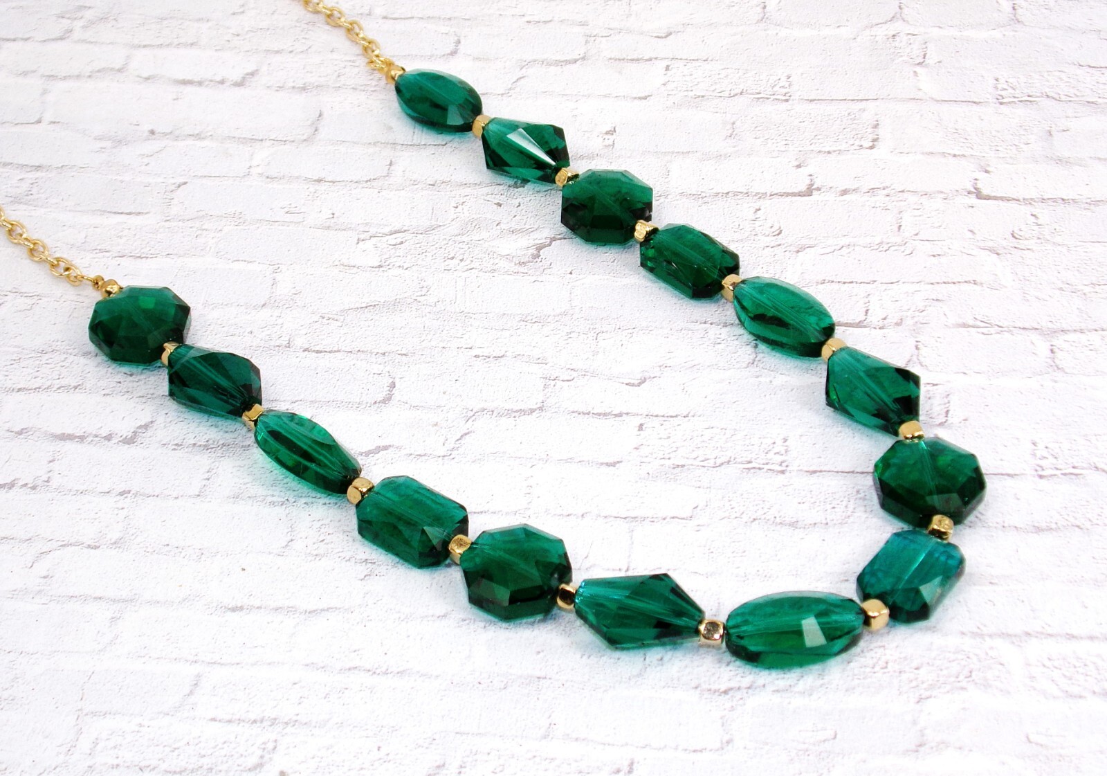 Green glass bead necklace with mixed glass beads shapes and small gold beads New