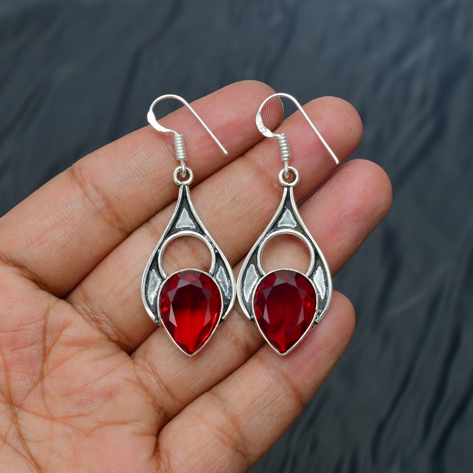 Garnet (Lab-Created)Gemstone 925 sterling silver Handmade Earring 1.96″
