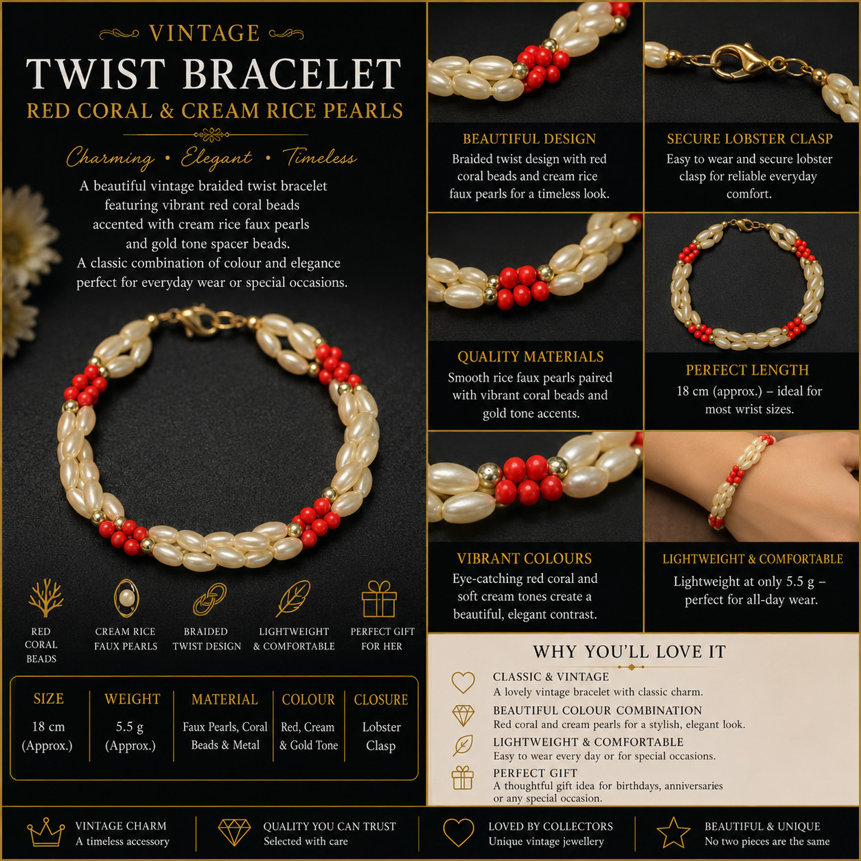 Vintage Faux Pearl & Red Coral Bead Bracelet 18cm Braided Twist Cream Pearl Look