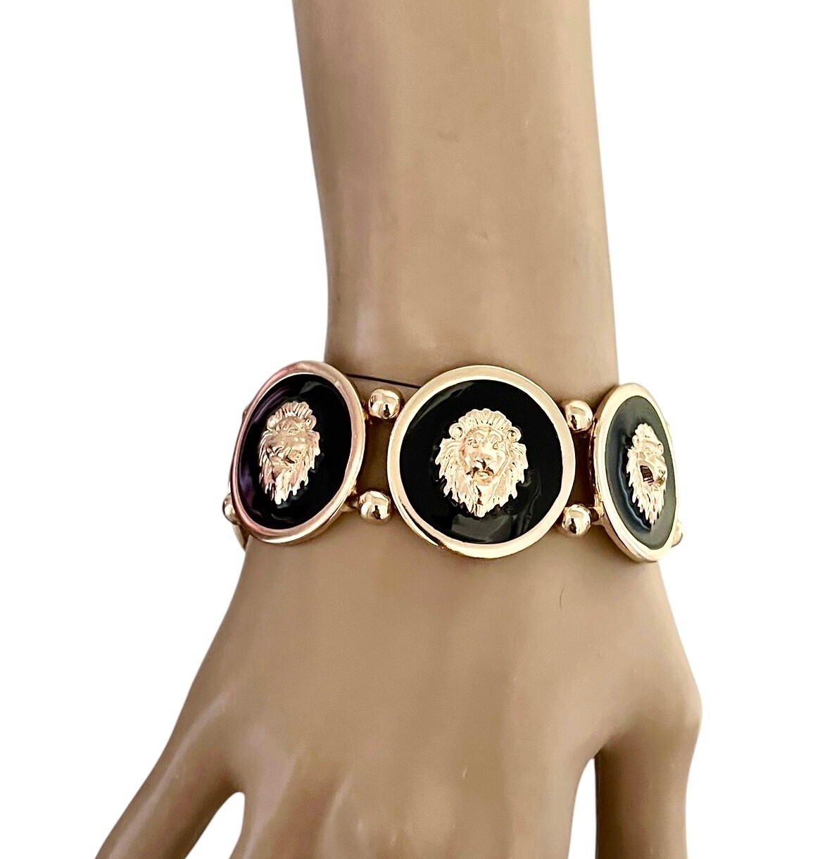 1.1/8” Wide Lion Head Black Enamel Statement Stretchable Bracelet Hip Hop Urban
