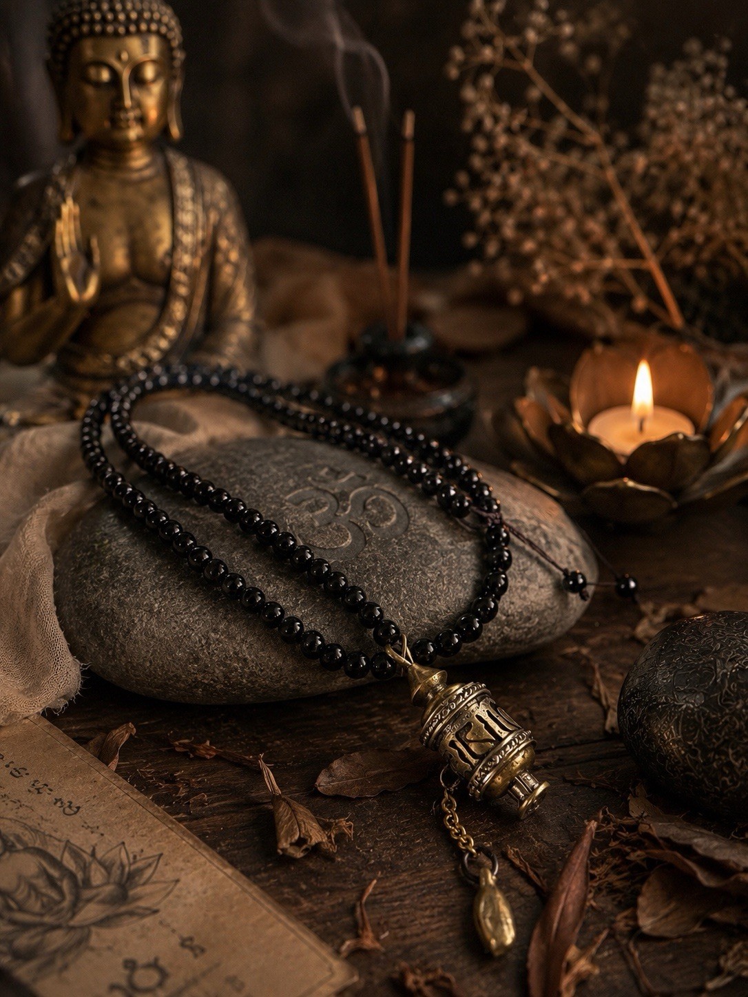 Tibetan Buddhist 108 Mala Prayer Beads Necklace Black Onyx Spinning Prayer Wheel