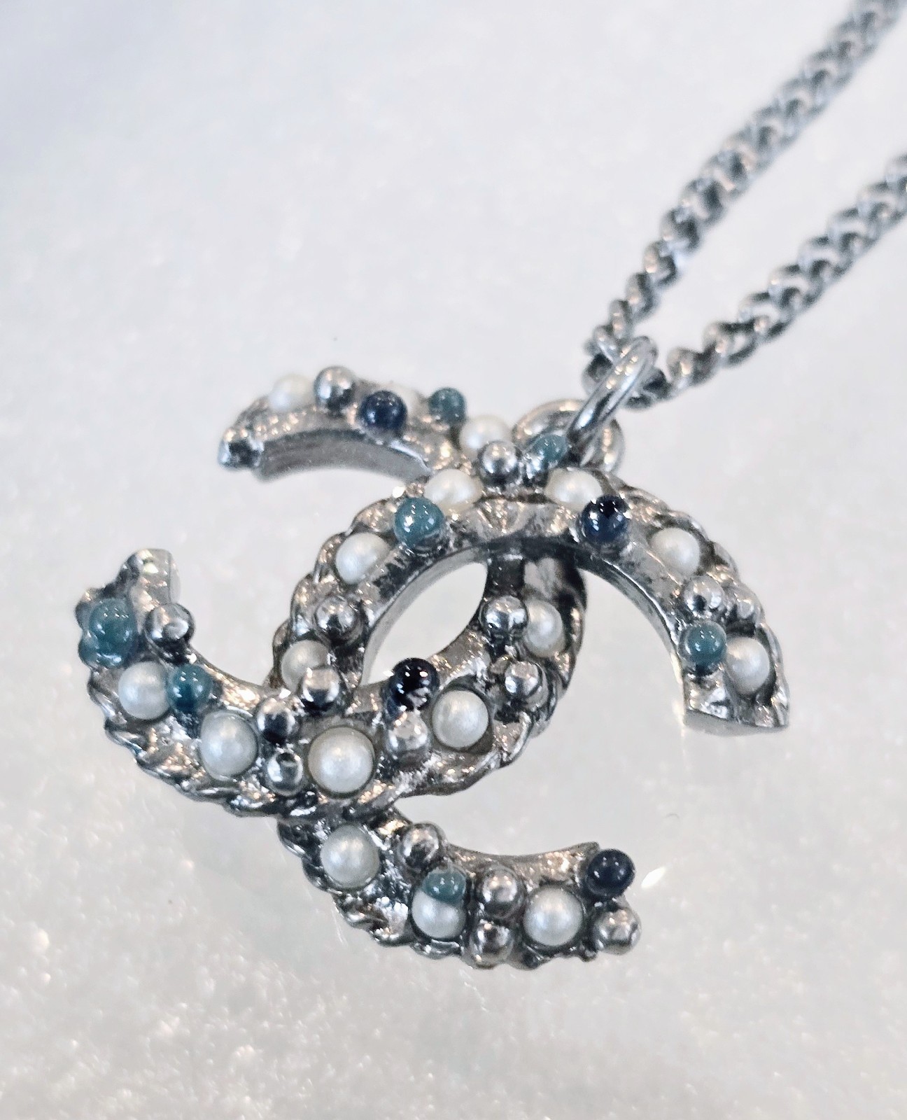 Authentic CHANEL necklace Blue White Pearl CC Logo Pendant Silver