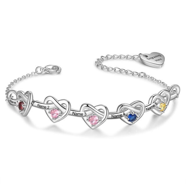 Custom 1-6 Name Birthstone Bracelet Engraved Jewelry Love Heart Cubic Zirconia