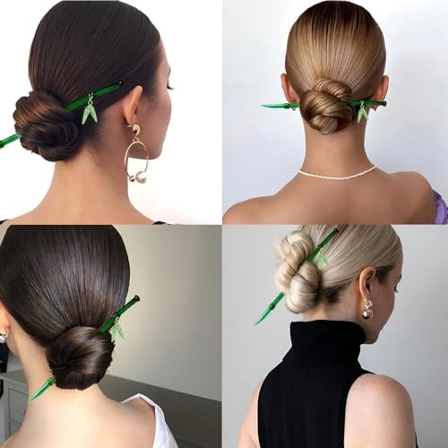 2Pcs Green Bamboo Leaf Hair Stick Pin Resin Chinese Hair Sticks for Buns