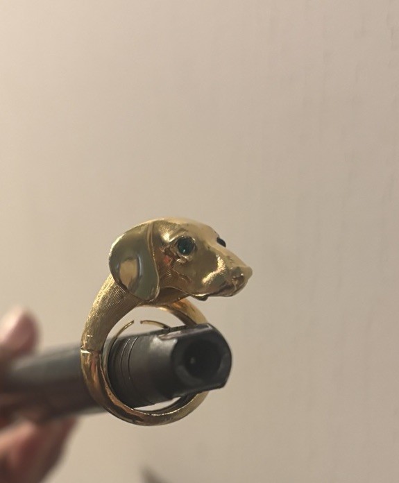 Extra Rare Crown TRIFARI Gold Tone Green Eyed Dachshund Dog Head Ring