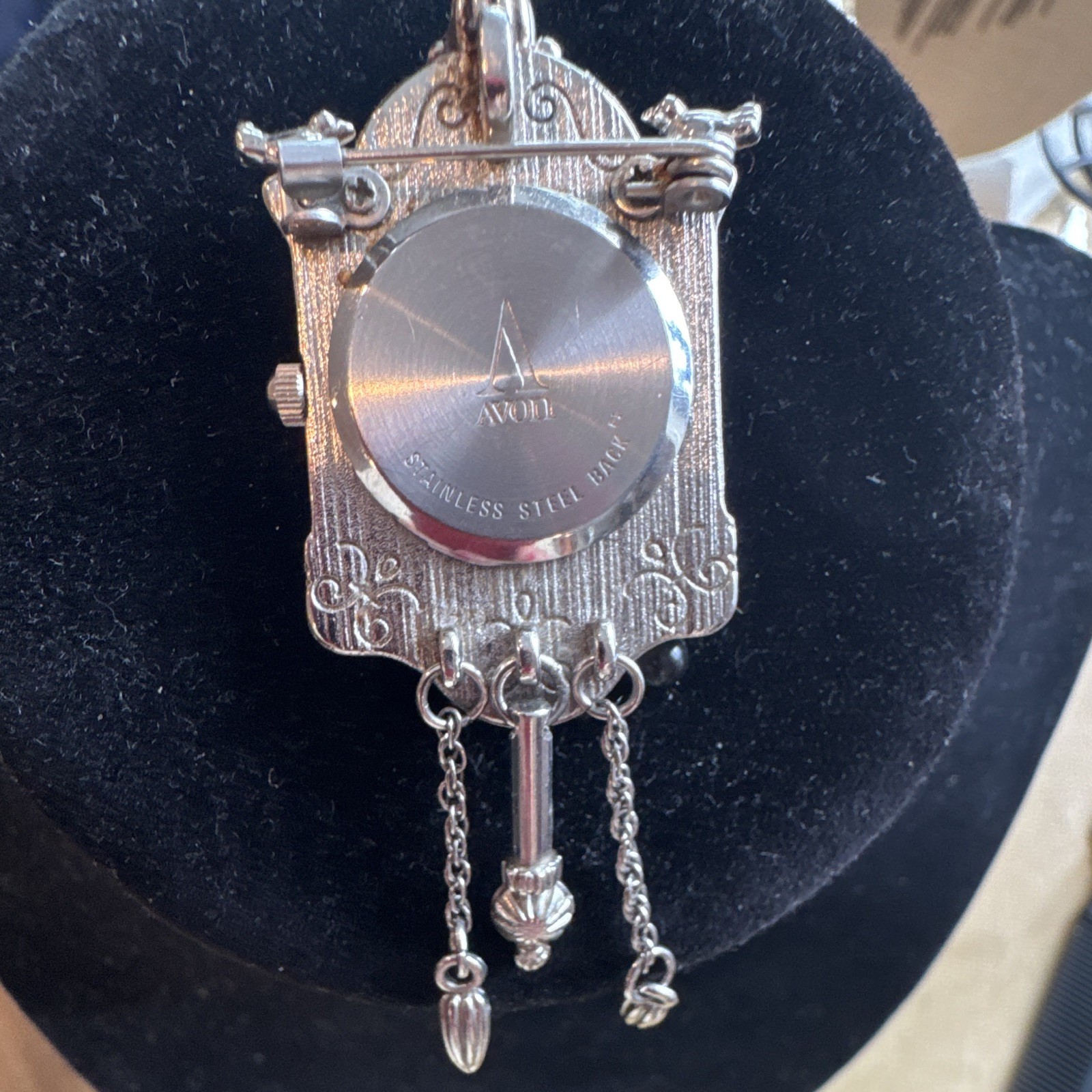Avon Signed Silver Tone Clock Brooch Pin w/ Clear Crystal Dangle Charms