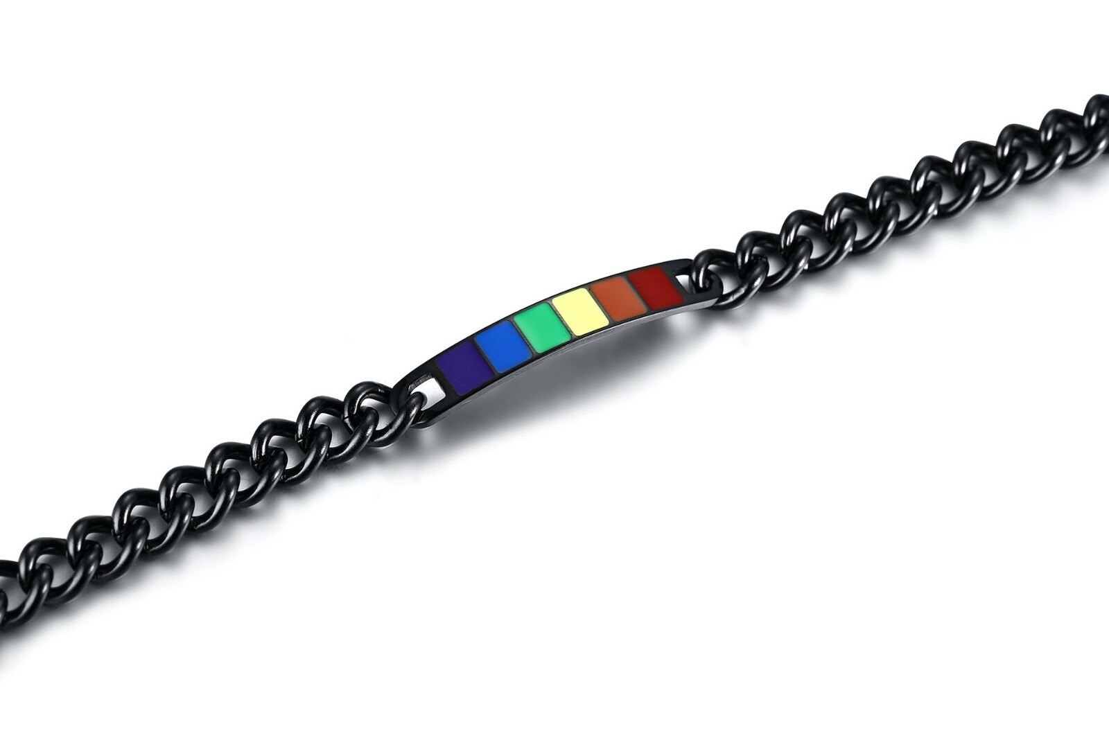 Black Stainless Steel Enamel Rainbow Biker Chain Bracelet LGBT Pride 8.7 inch