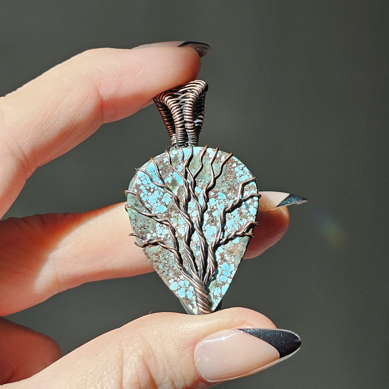 Tree Of Life Turquoise Gemstone Copper Wire Wrapped Pendant Jewelry 2″ Genuine