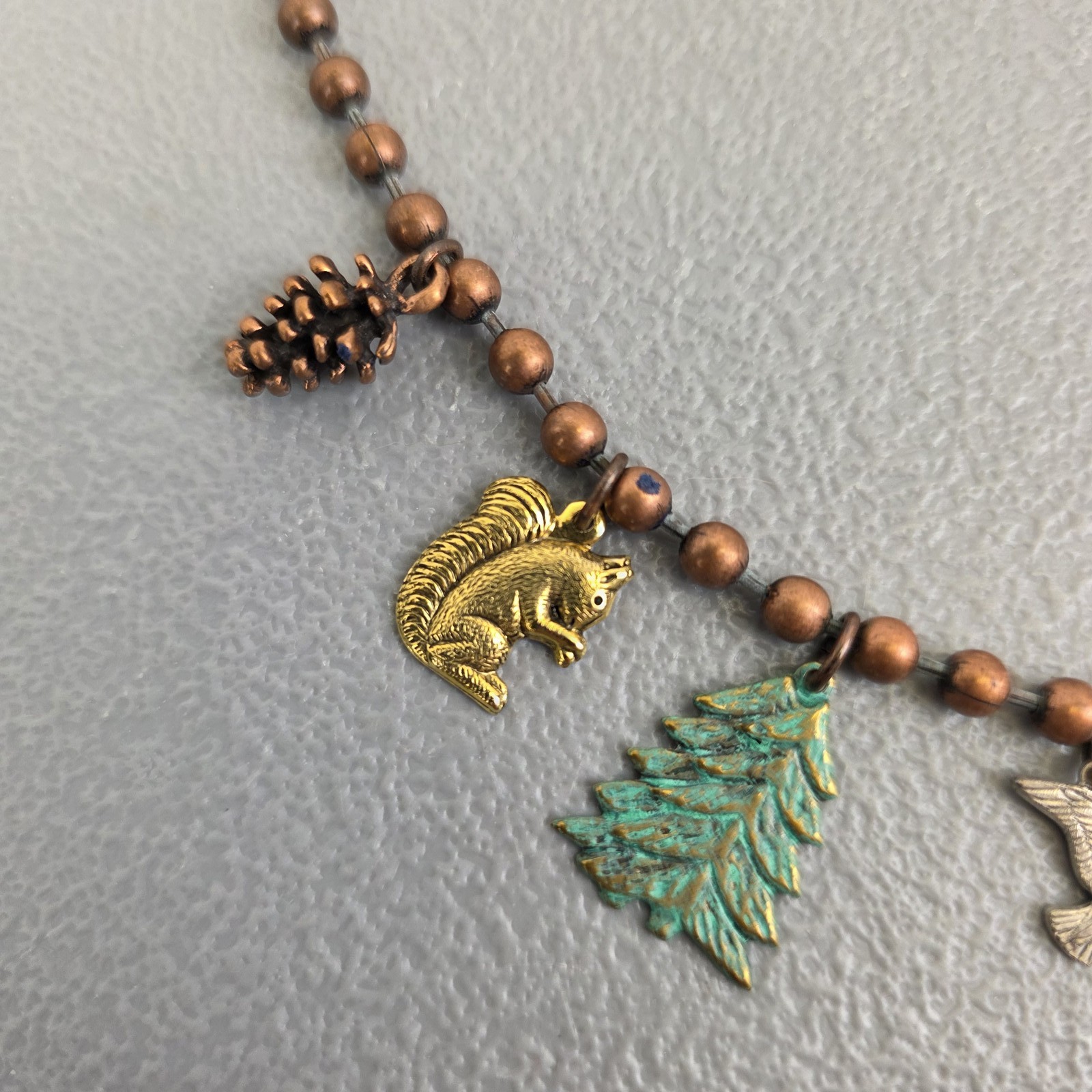 Michigan Themed Charm Necklace Ball Chain Copper Bronze Tone Lighthouse Map Elk