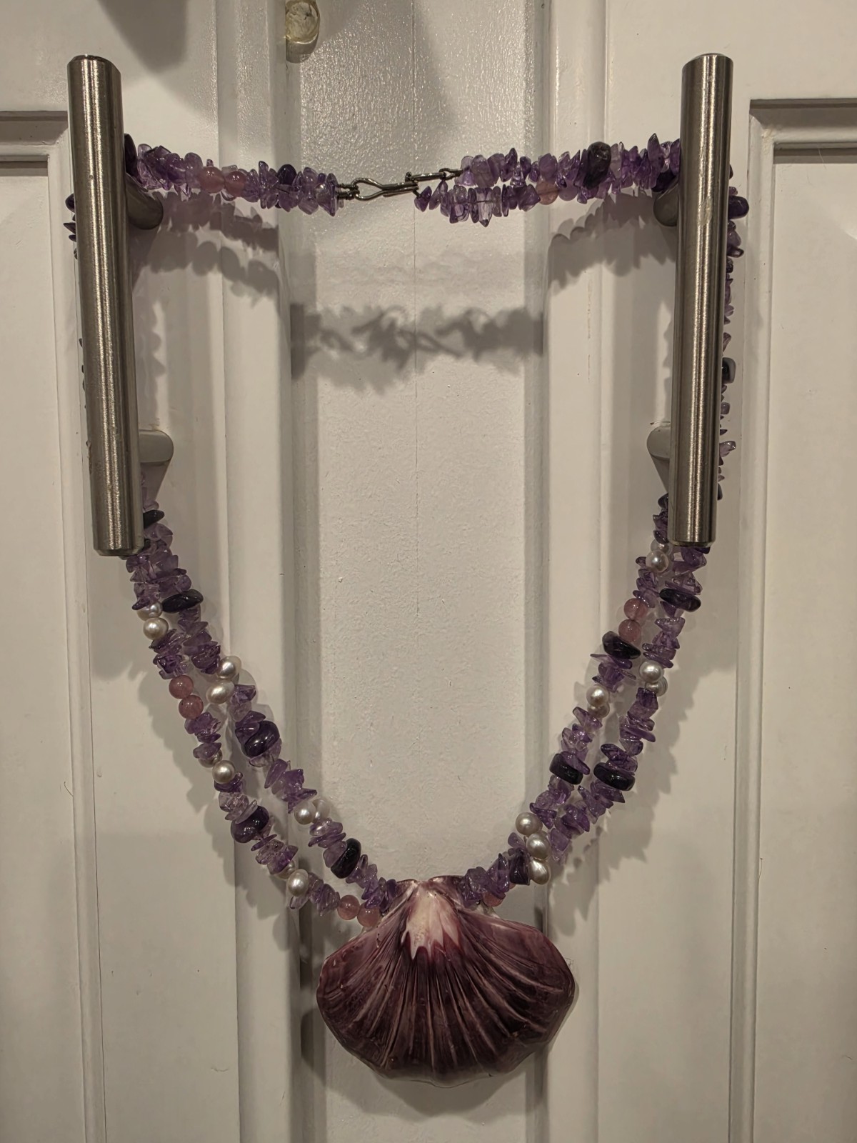 Purple Shell Pendant Beaded Necklace w/ Amethyst Chips & Pearls Beach Theme