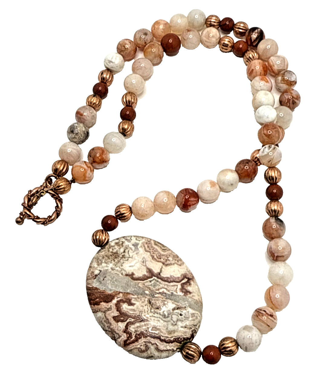 Artisan Pink Rosetta Jasper Necklace Beaded Moss Agate Stone Pendant Boho 23″