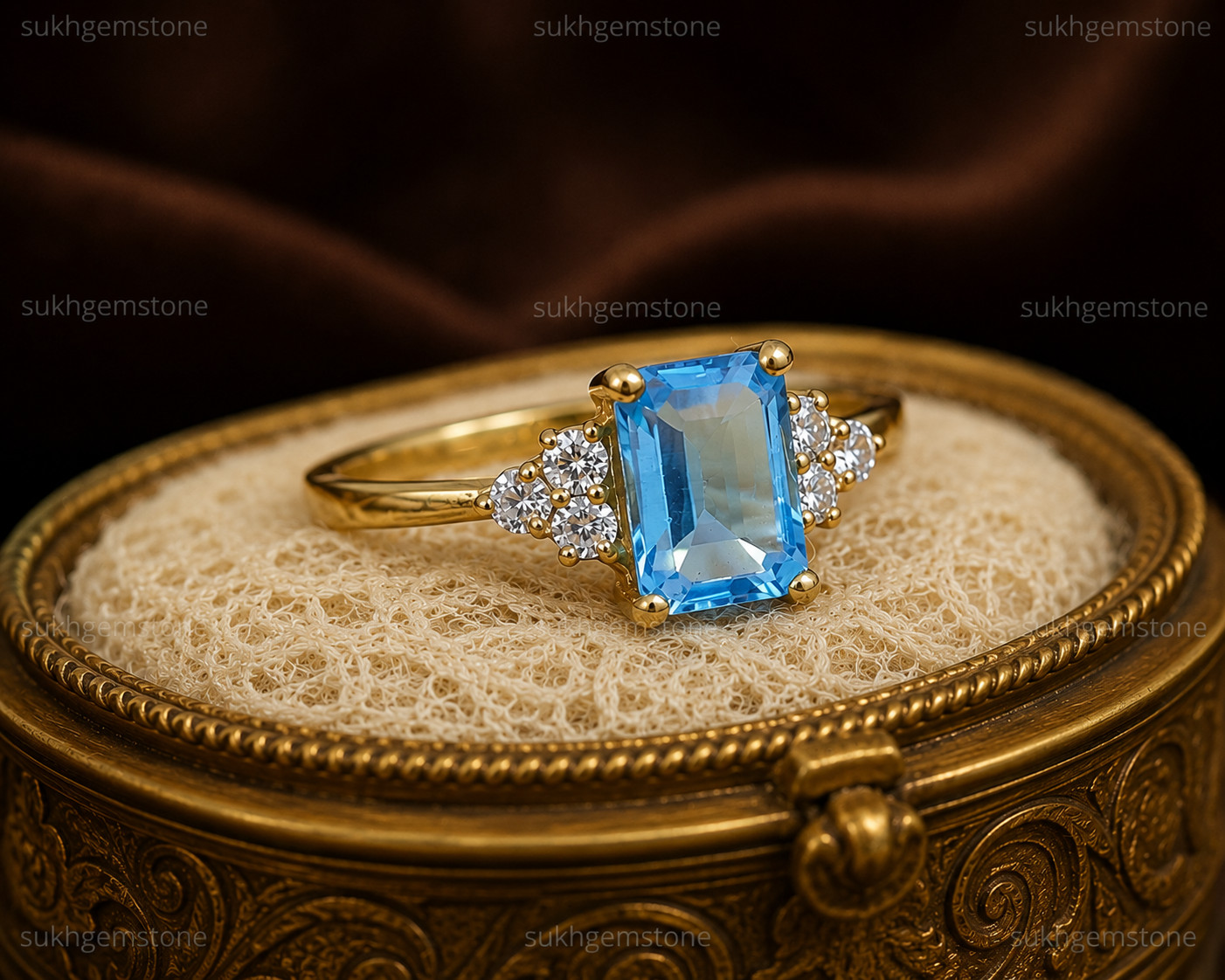 Lab Created Aquamarine Ring, Base Metal: Brass Finish: Gold Plated, Gift For Her