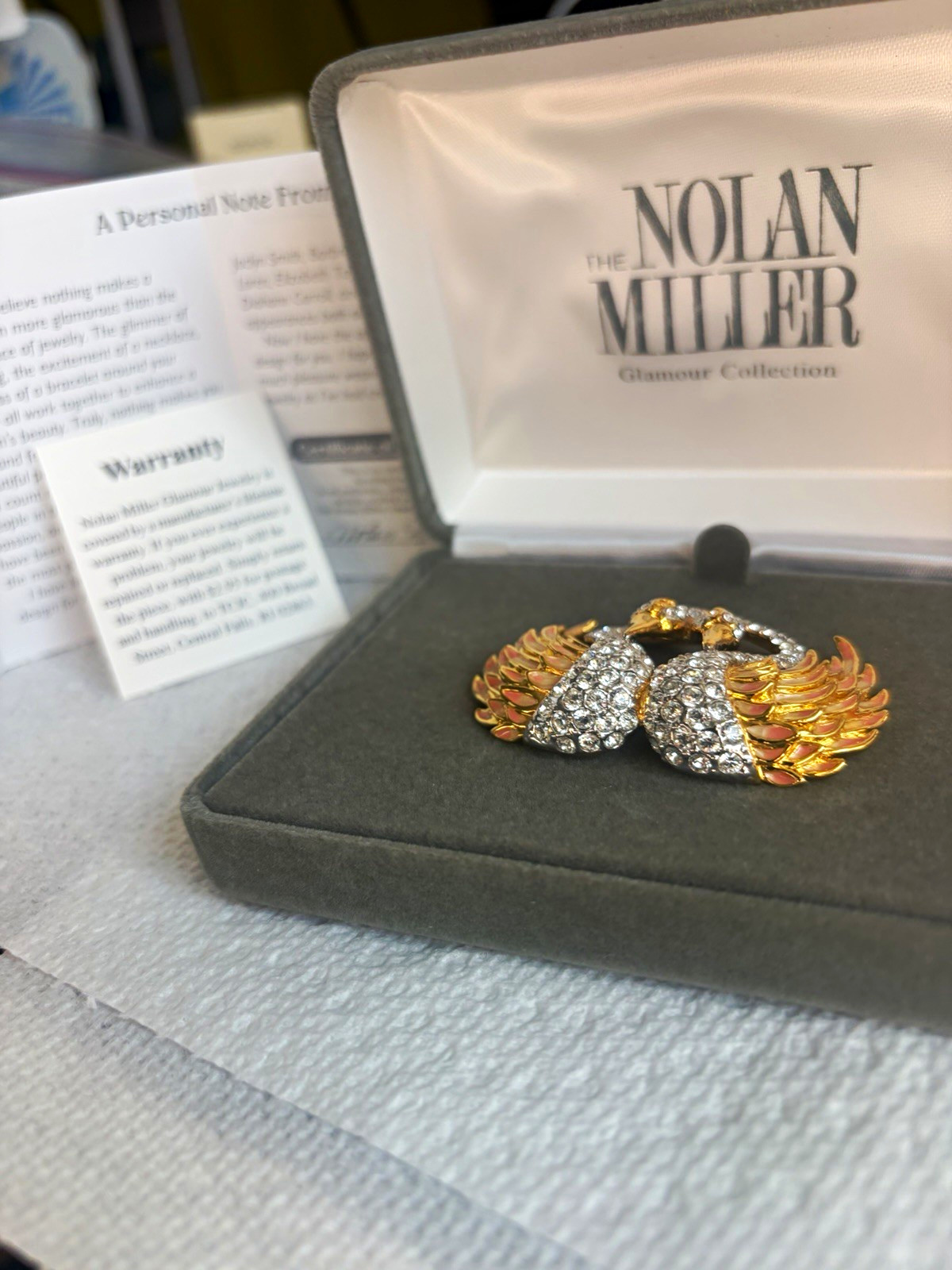 Nolan Miller Glamour Collection Signed Swan Heart Rhinestone Brooch Gold/Silver