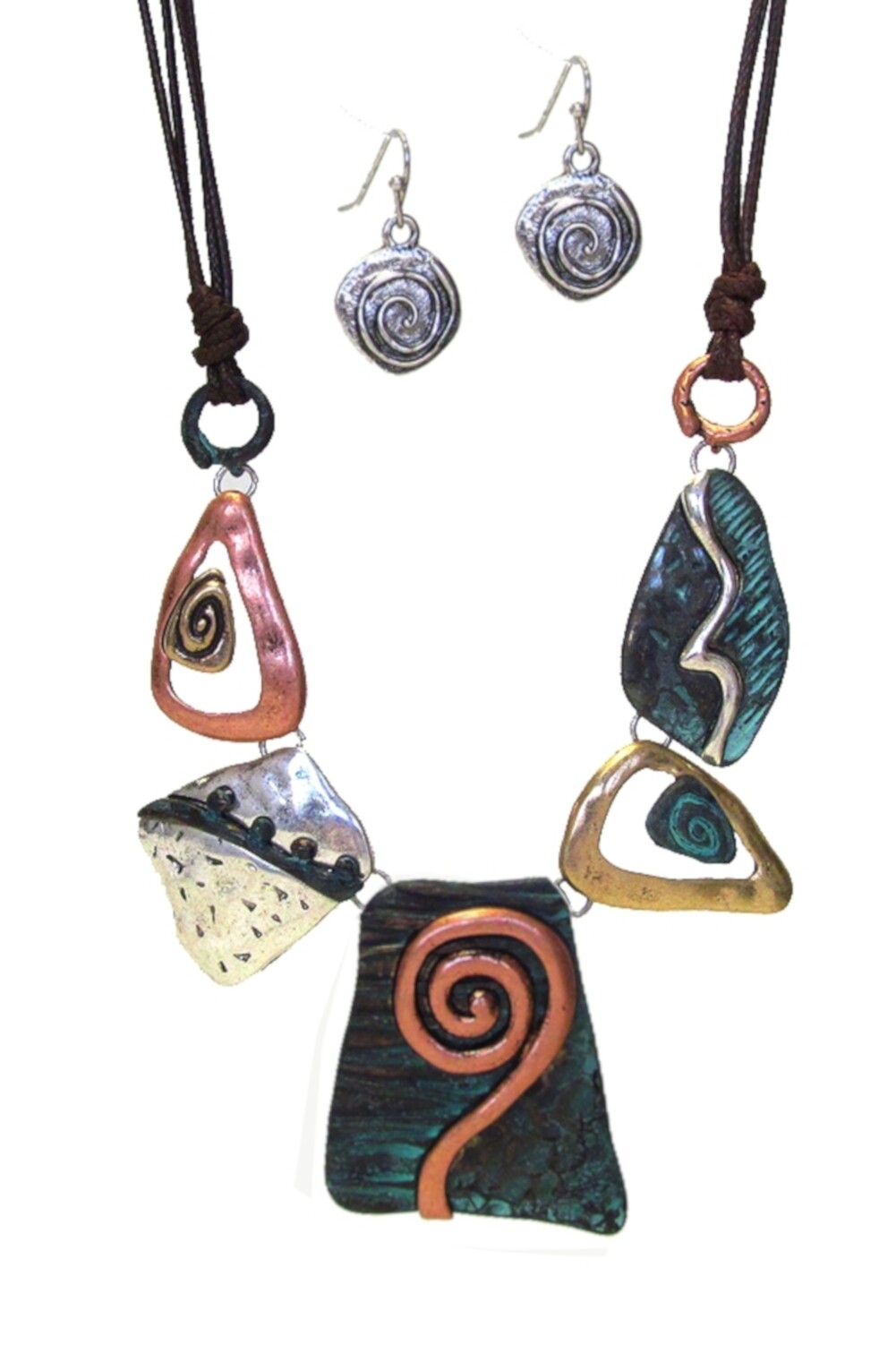 Hammered Necklace Set Silver-Tone Copper-Tone Patina Green Gold-Tone Bib 17”