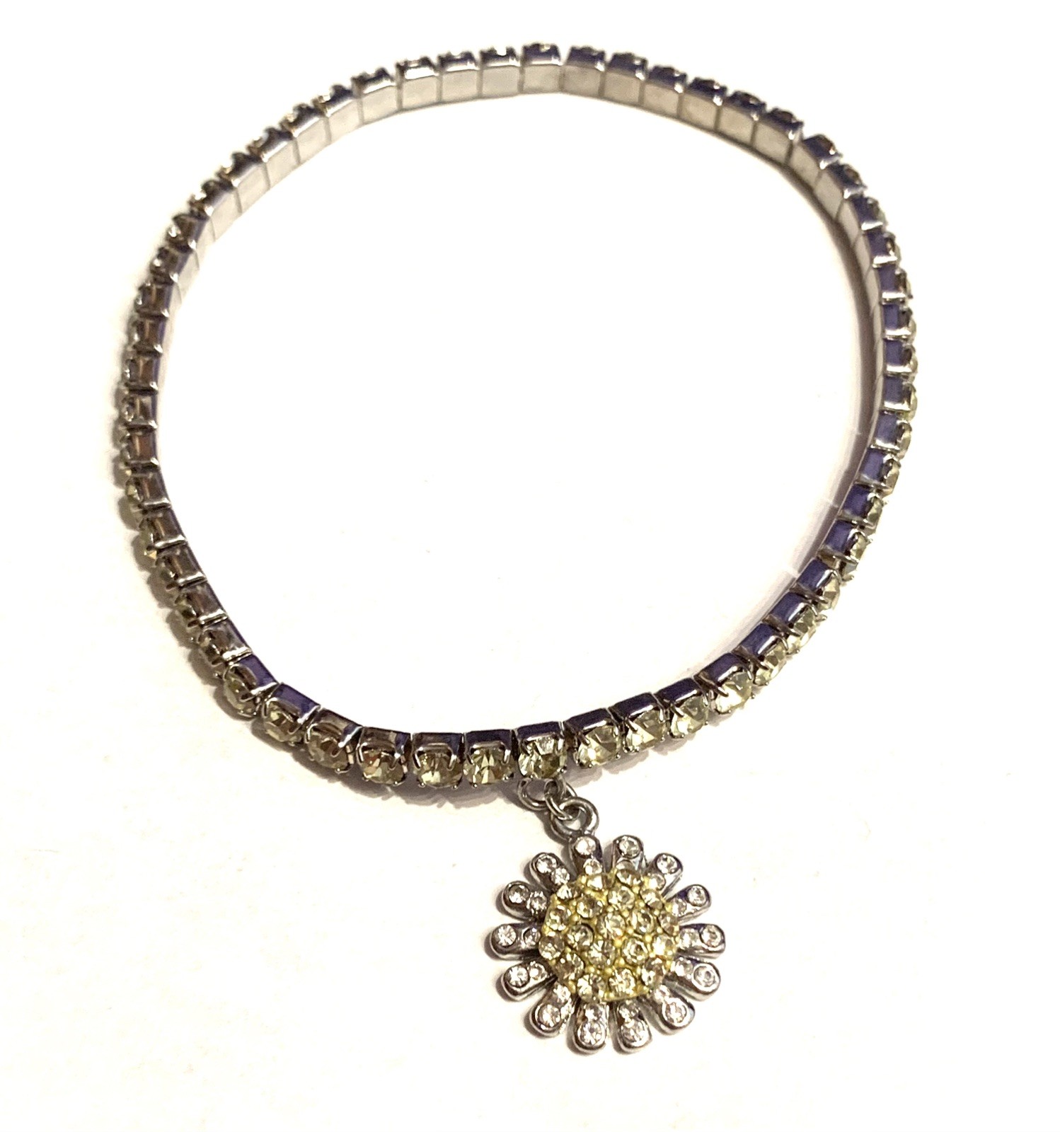 Vtg Silver Tone 9.1” Anklet Expansion Rhinestones Yellow w Daisy Sunflower Charm