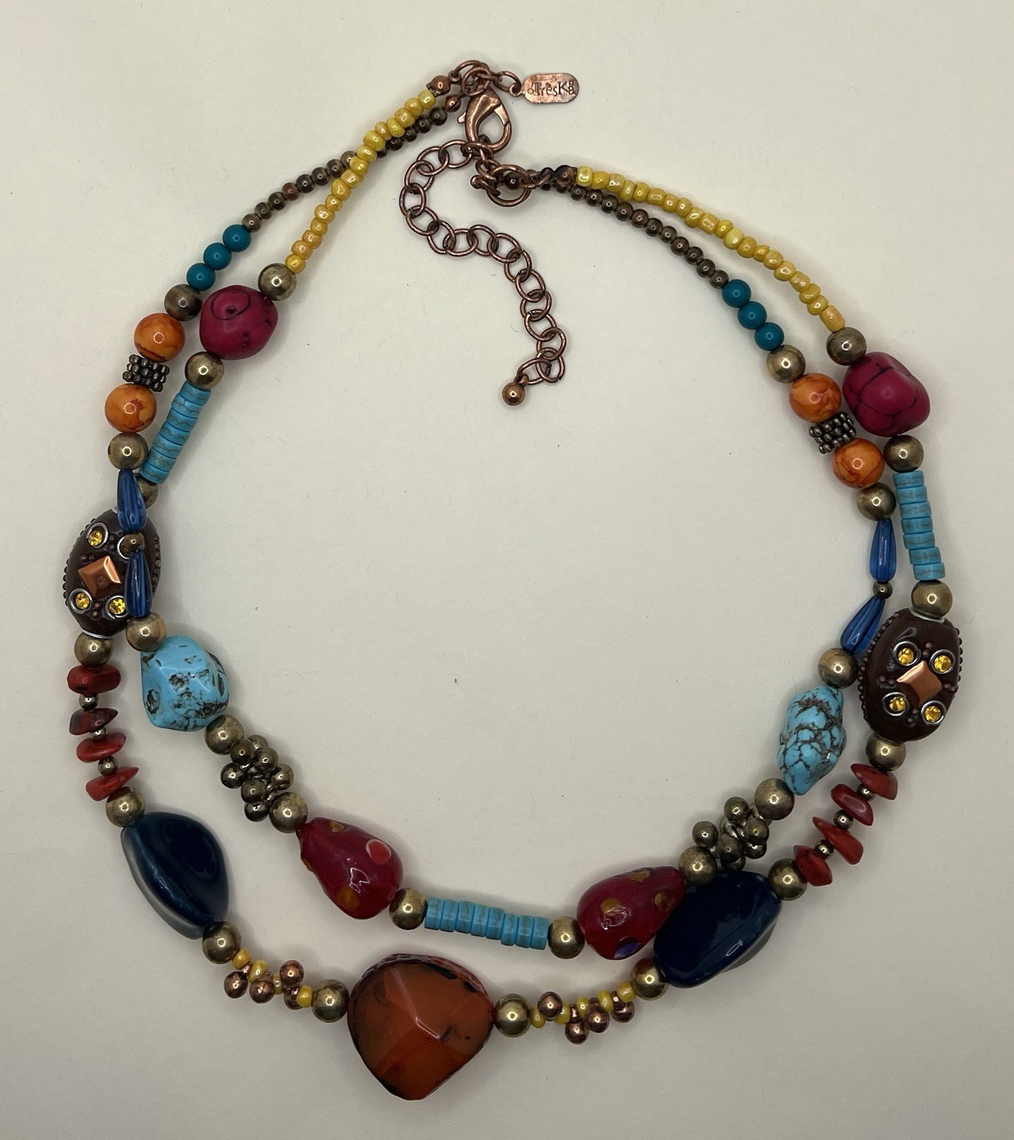 Treska Double Strand Mixed Media Vibrant Multi Color Statement Necklace Brass