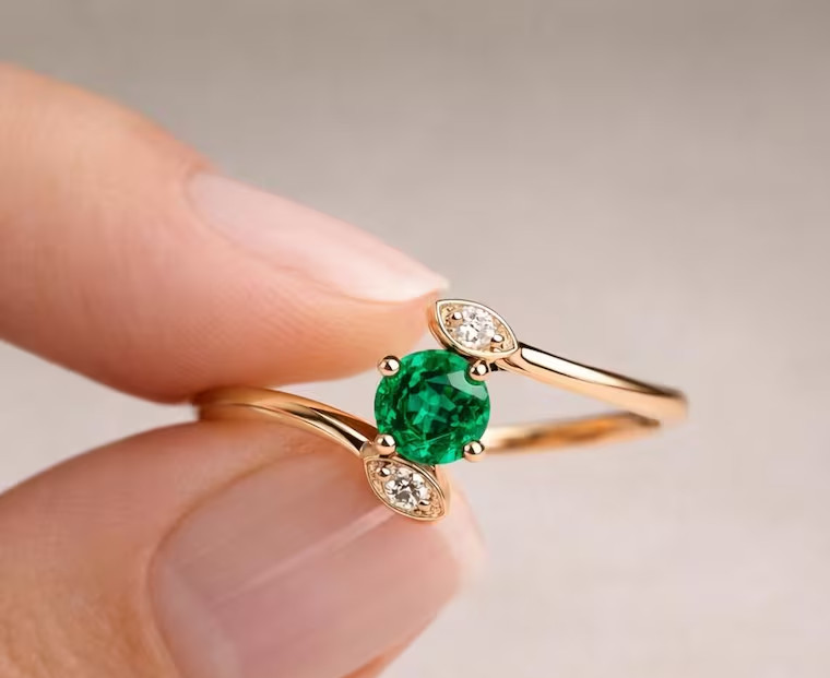 2 Ct Round Cut Simulated Emerald Wedding Bypass Band Ring 14k Yellow Gold Over