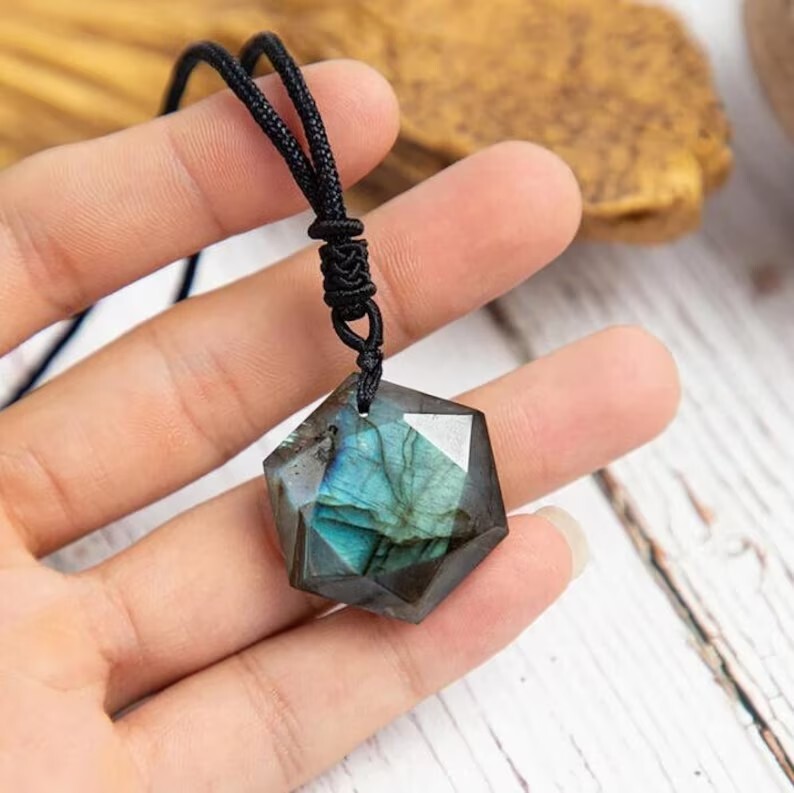 Labradorite Stone Hexagon Pendant Healing Meditation Necklace