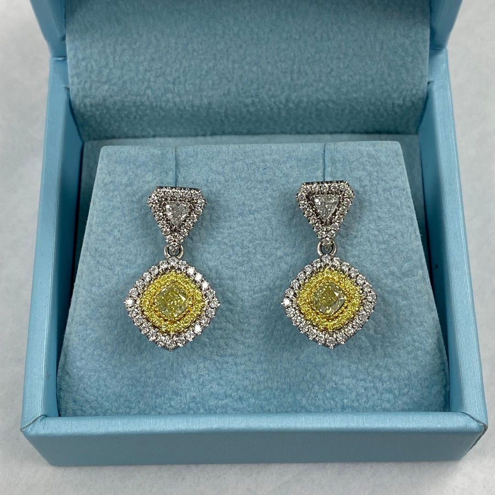 Drop Dangle Earrings 1.62 TCW Cushion Trillion Yellow Diamond 14k White Gold