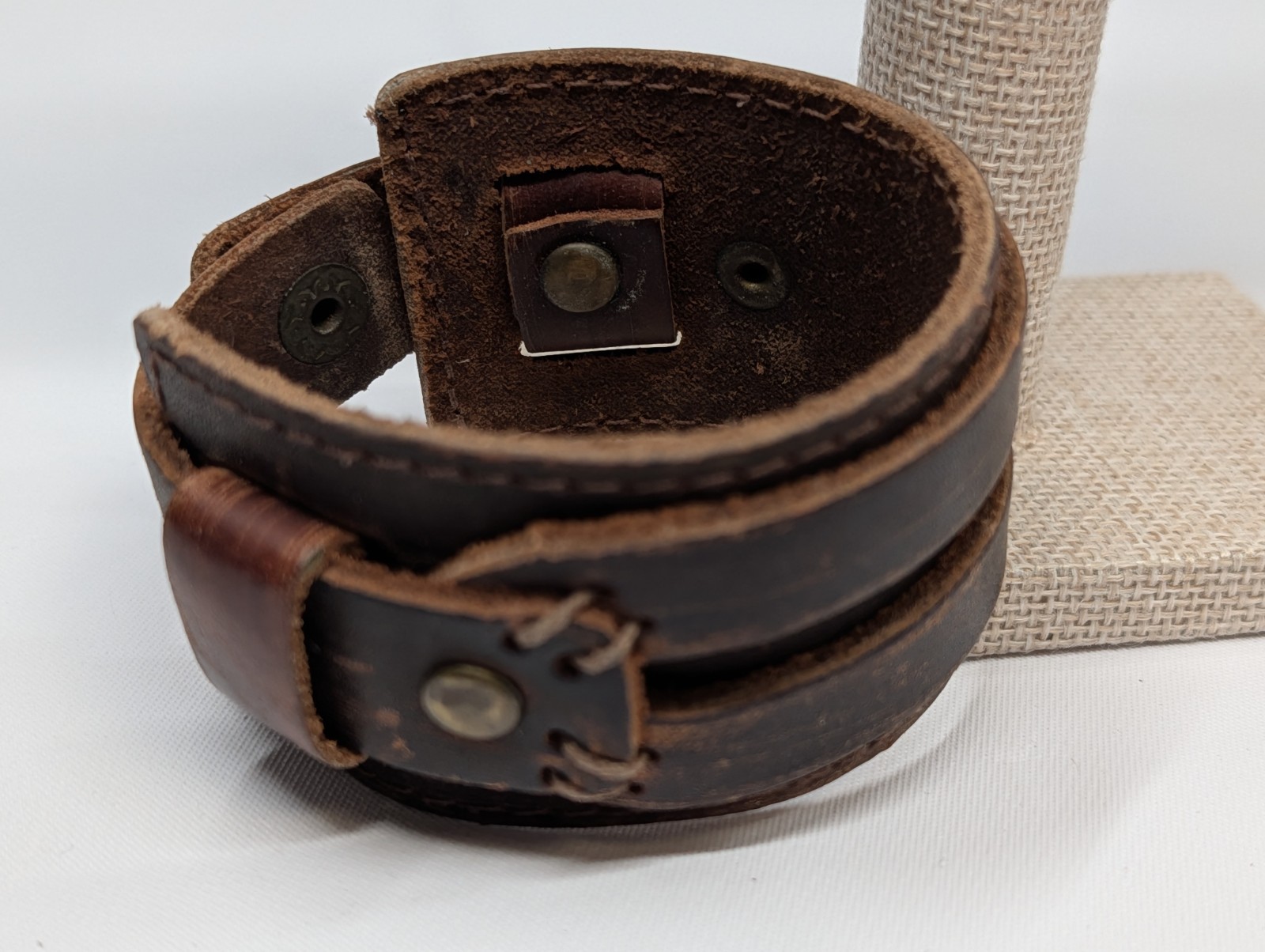 Vintage Wide Distressed Brown Leather Cuff Bracelet Triple Strap Snap Closure…