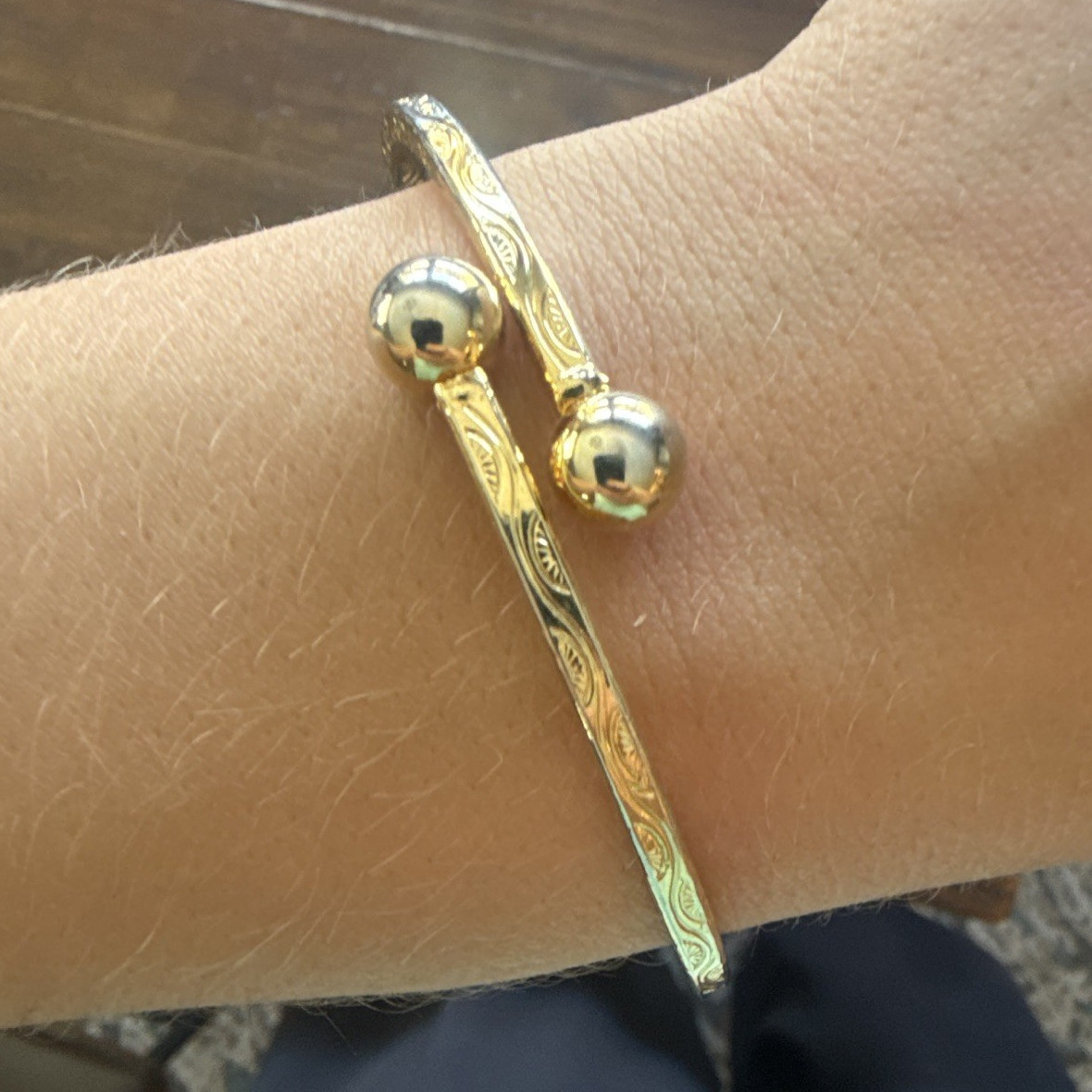 Gold Tone Textured Open Cuff Bangle Bracelet w/ Ball Ends Adjustable