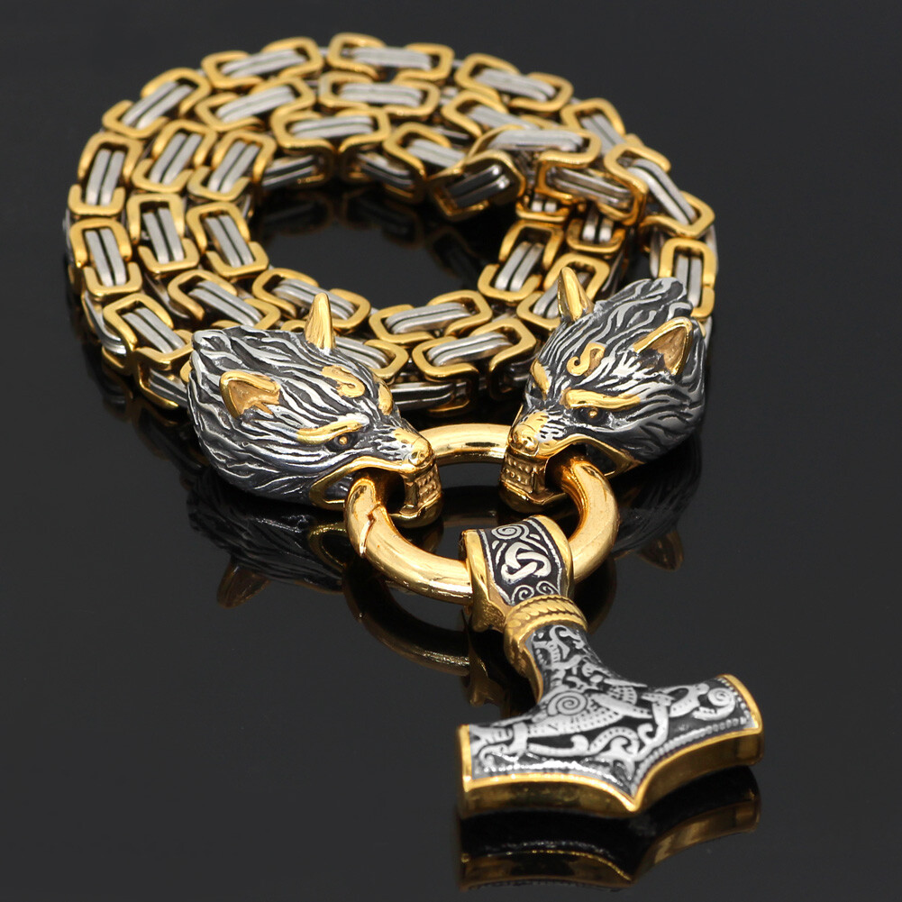 Men’s Stainless Steel Nordic Viking Wolf &Thor Hammer Mjolnir Pendant Necklace