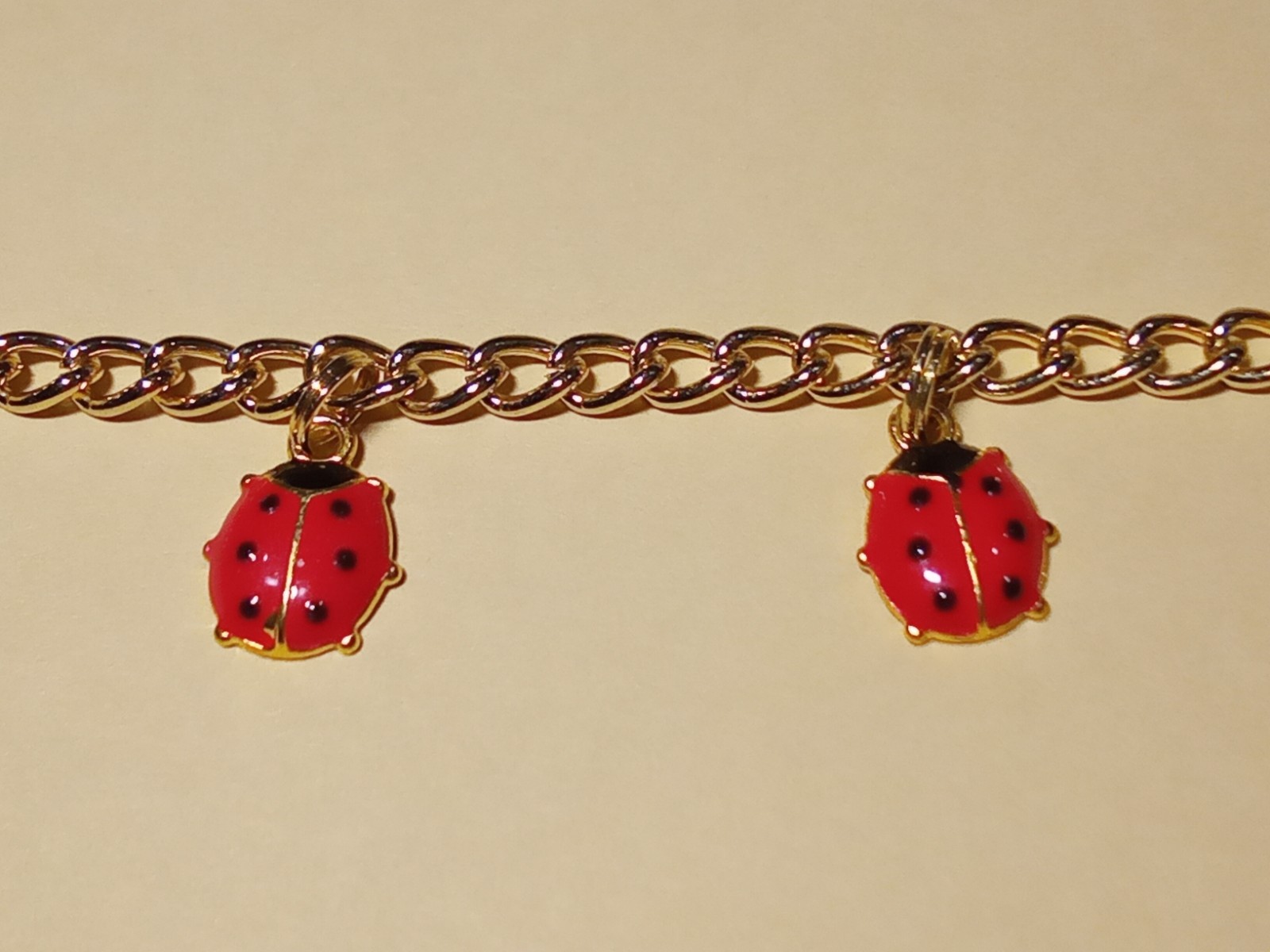 Ladybug Bracelet Gold tone chain 5 red black enamel charms ext chain Summer CUTE