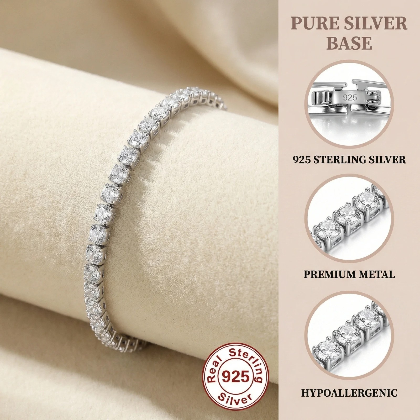 925 Sterling Silver Tennis Bracelet 4mm CZ Cubic Zirconia Women Adjustable 18cm