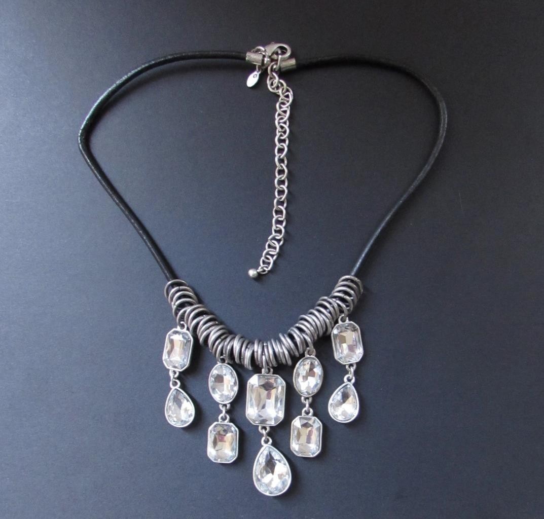 Premier Designs Black Cord Necklace w/ Rhinestones and Silver Tone Hardware 16″