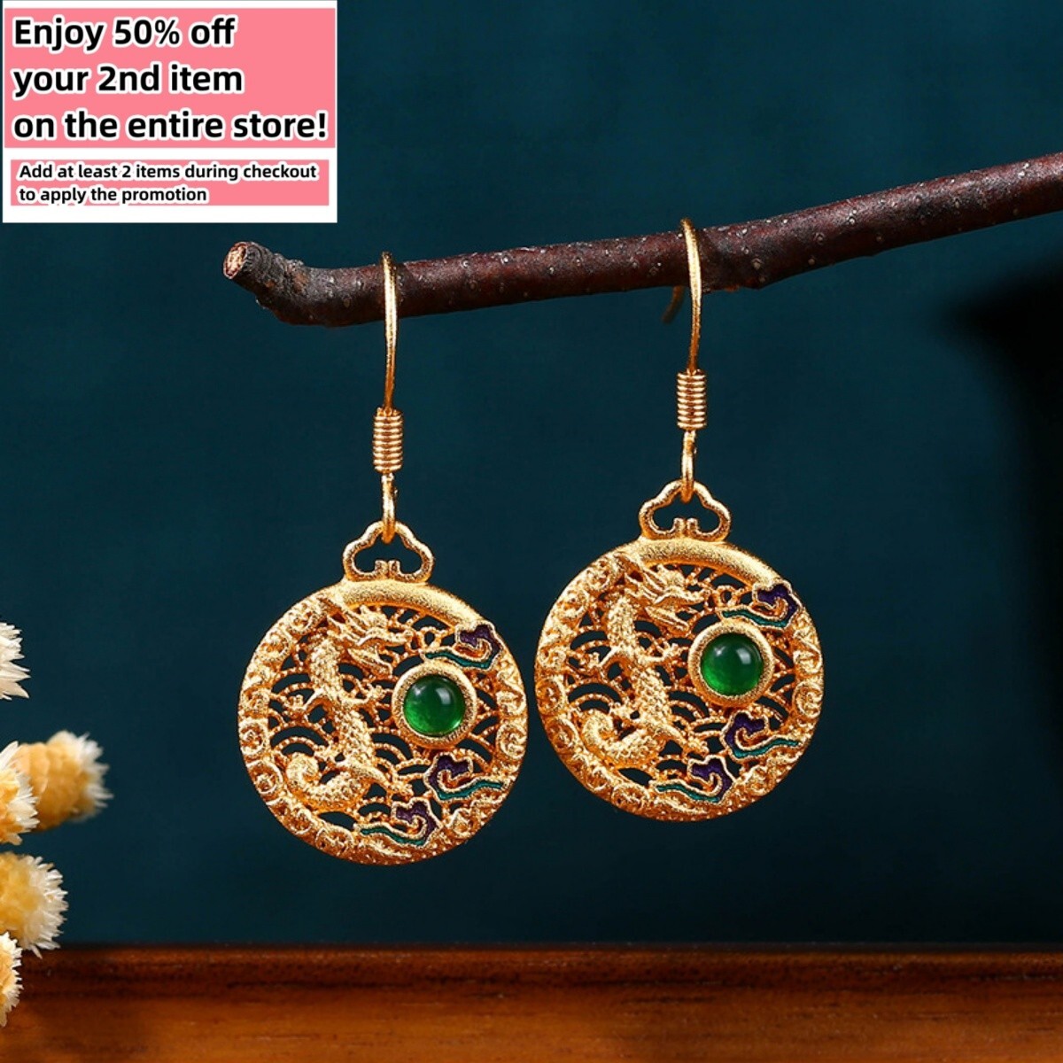 Green Jade Drop Dangle Earrings Hollow-carved Dragon Gemstone 18K Gold Plated