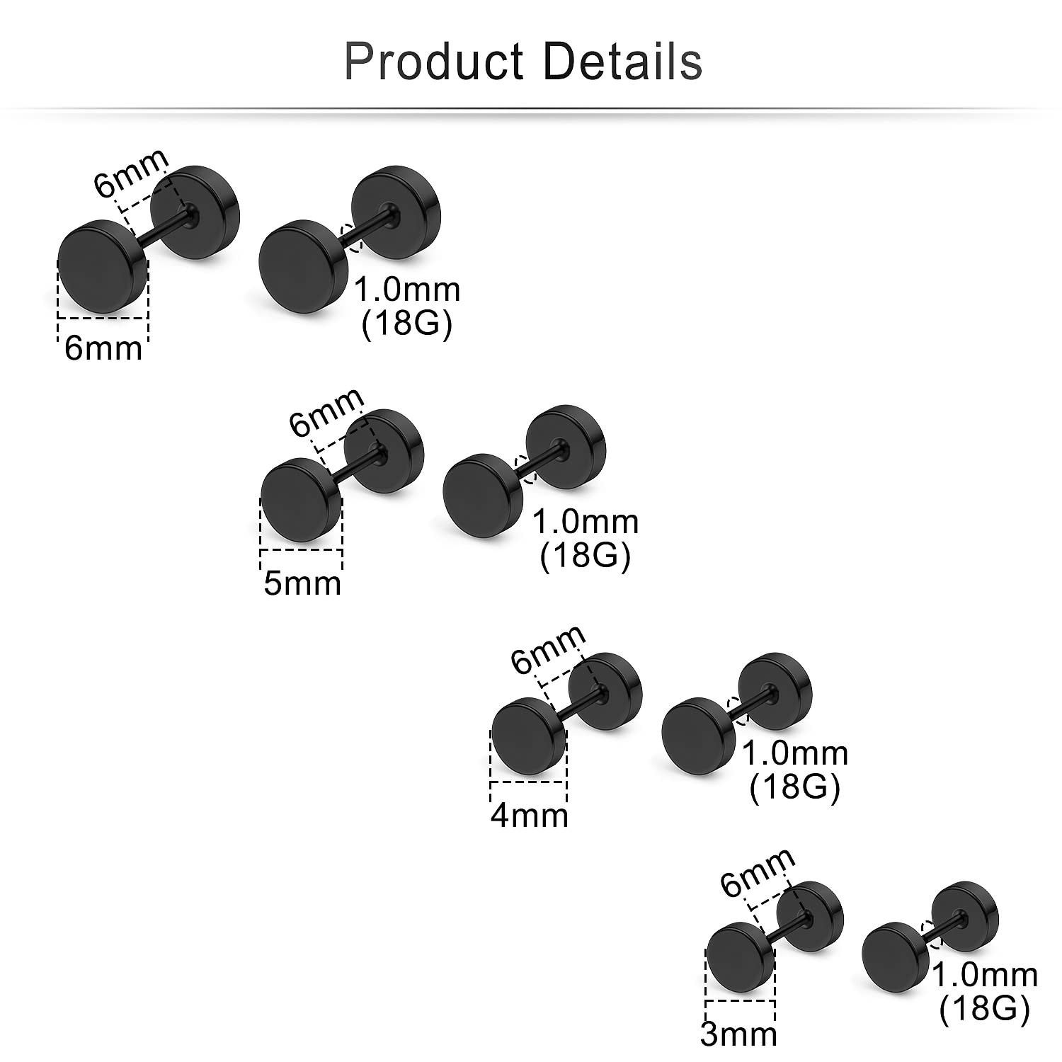 18G Black Flat Back Stud Earrings for & Men, 18 Gauge Stainless Steel, Screw …