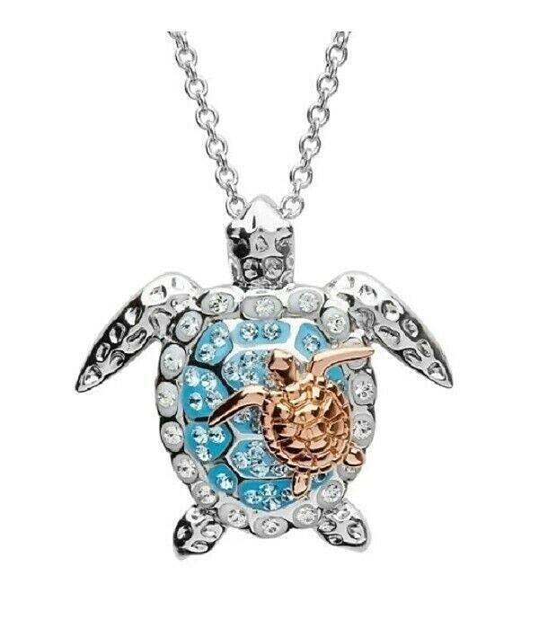 Silvery SEA TURTLE with BABY 1-1/8″ x 1-1/4″ Pendant 17″ Necklace