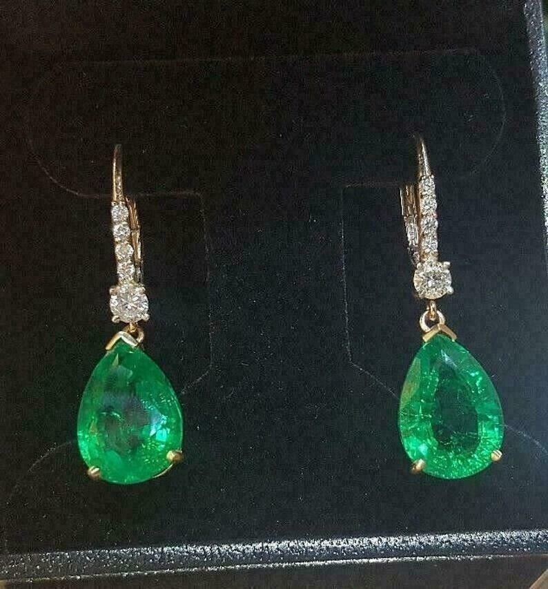 4Ct Pear Cut Simulated Green Emerald Drop/Dangle Earrings 14K Yellow Gold Plated