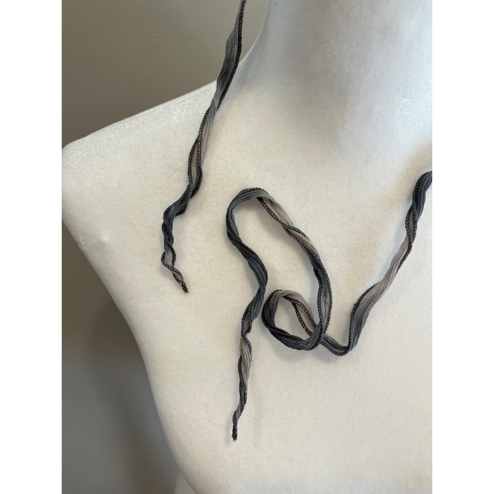 Silpada Ombre Silk Ribbon Necklace Mixed Metal Charms Initial S Leaf Cross Grey