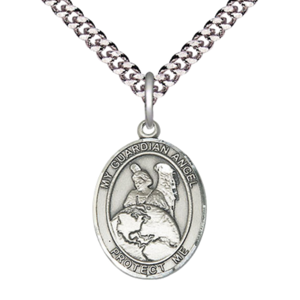 Medium Pewter Guardian Angel Protector Medal 24″ Lobster Claw Chain Necklace