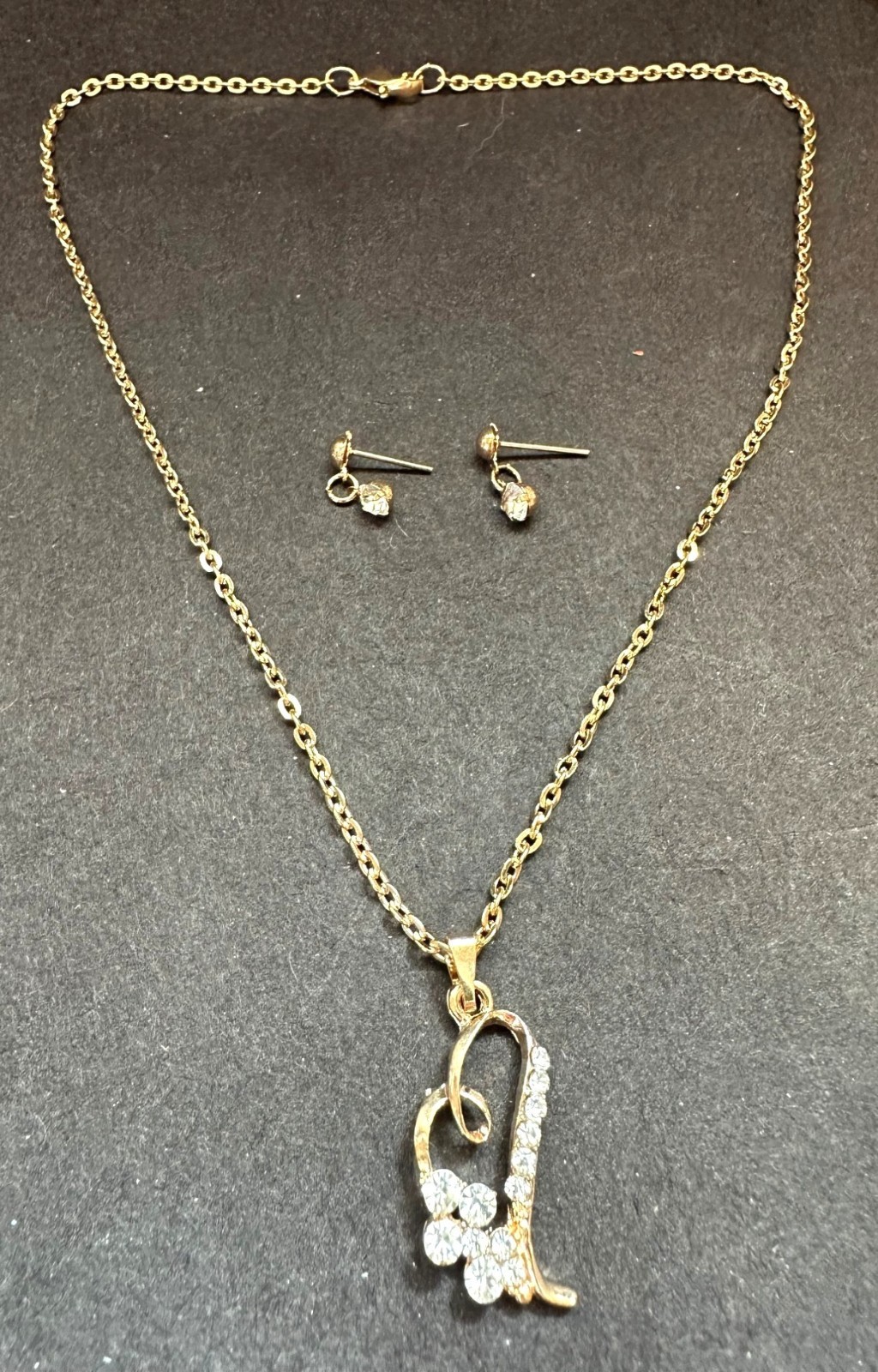 Elongated Heart Pendant Necklace and Pierced Drop Earrings Rhinestone Accents