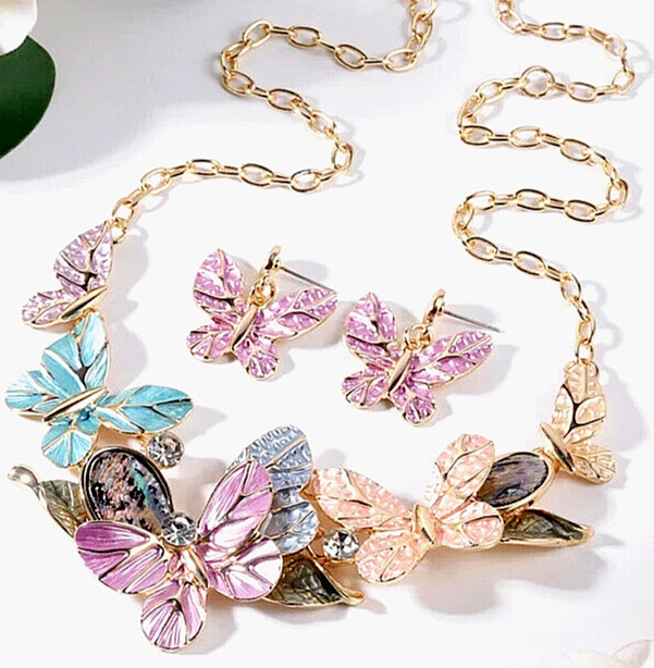 AVIANNA DESIGNER FASHION ENAMEL BUTTERFLY NECKLACE & EARRING SET – ABALONE