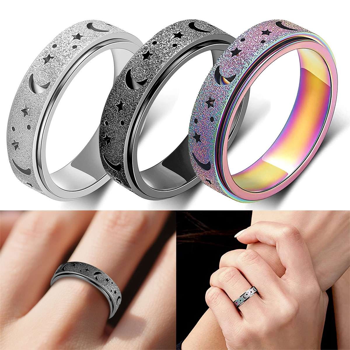 Sun Moon Spinner Fidget Ring Stainless Steel Stress Anxiety Relief Band Jewelry
