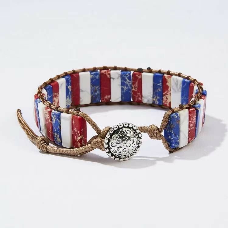 Unisex Natural Emperor Stone Bracelet American Flag Hand Made Knitted 0680