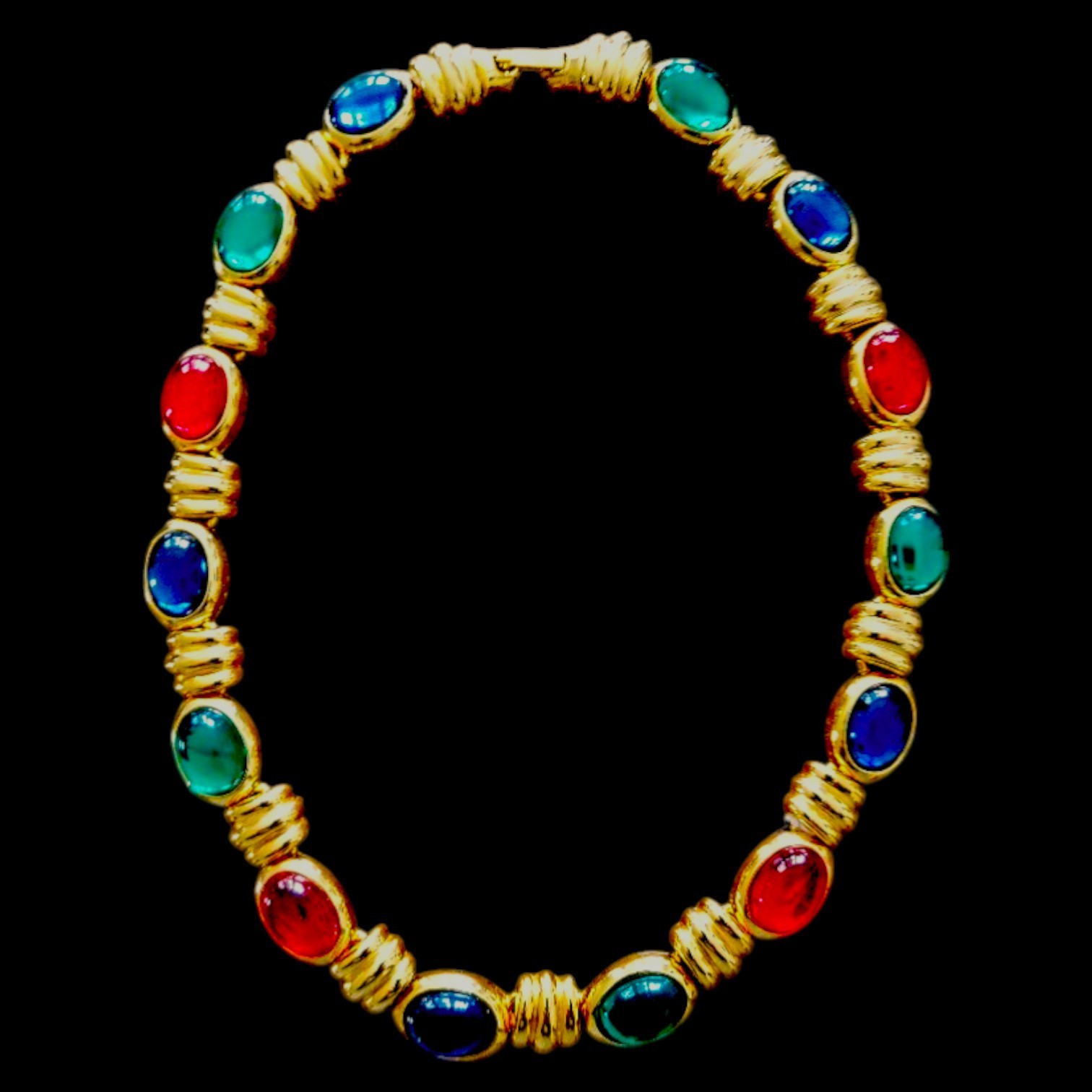Necklace Gold Plated + Gripoix Poured Glass Multicolored Oval Cabochons Vintage