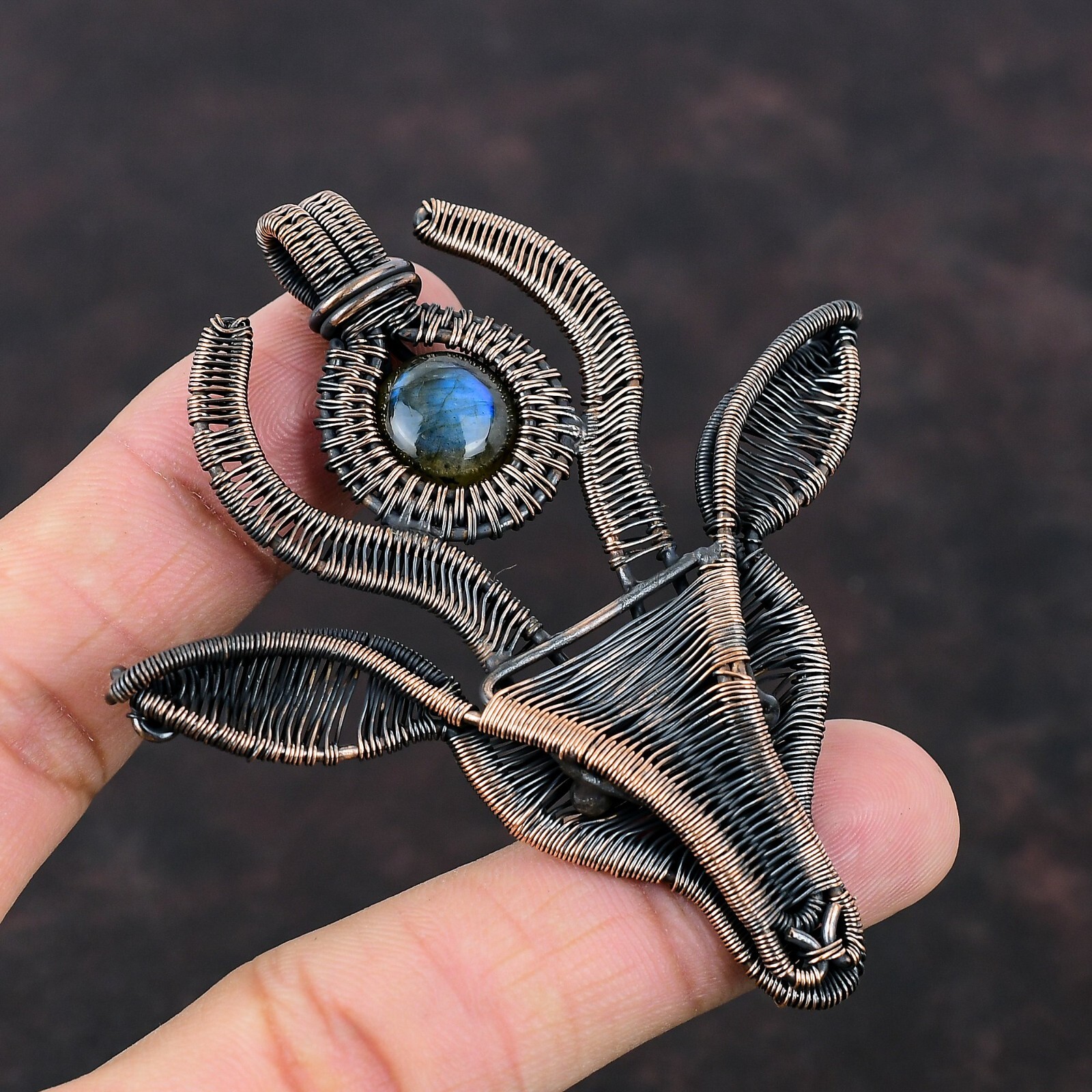 Labradorite Copper Gift For Mother Wire Wrapped Cow Face Pendant 3.15″