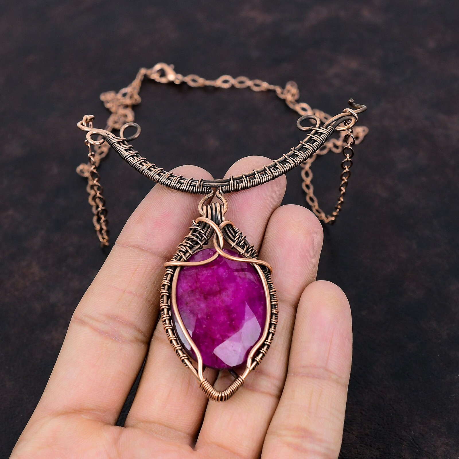 Gemstone Wire Wrapped Adjustable Necklace Handcrafted Copper Wire Holiday 18.0″