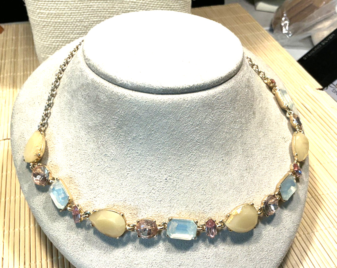 Fashion Necklace Gold Tone Opaline Pink Yellow Acrylic Rhinestone Lot 103D